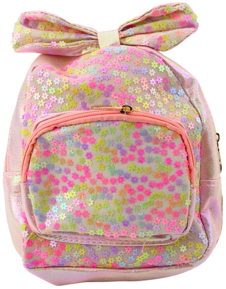Plecak Dziecięcy Z Cekinami W Kwiatki Kokarda Jasnoróżowy 22cm 2,8L