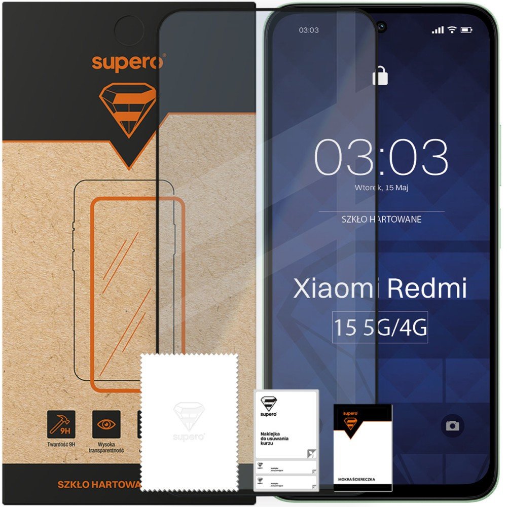 Szkło hartowane Supero do Xiaomi Redmi 15 5G/4G, z czarną ramką