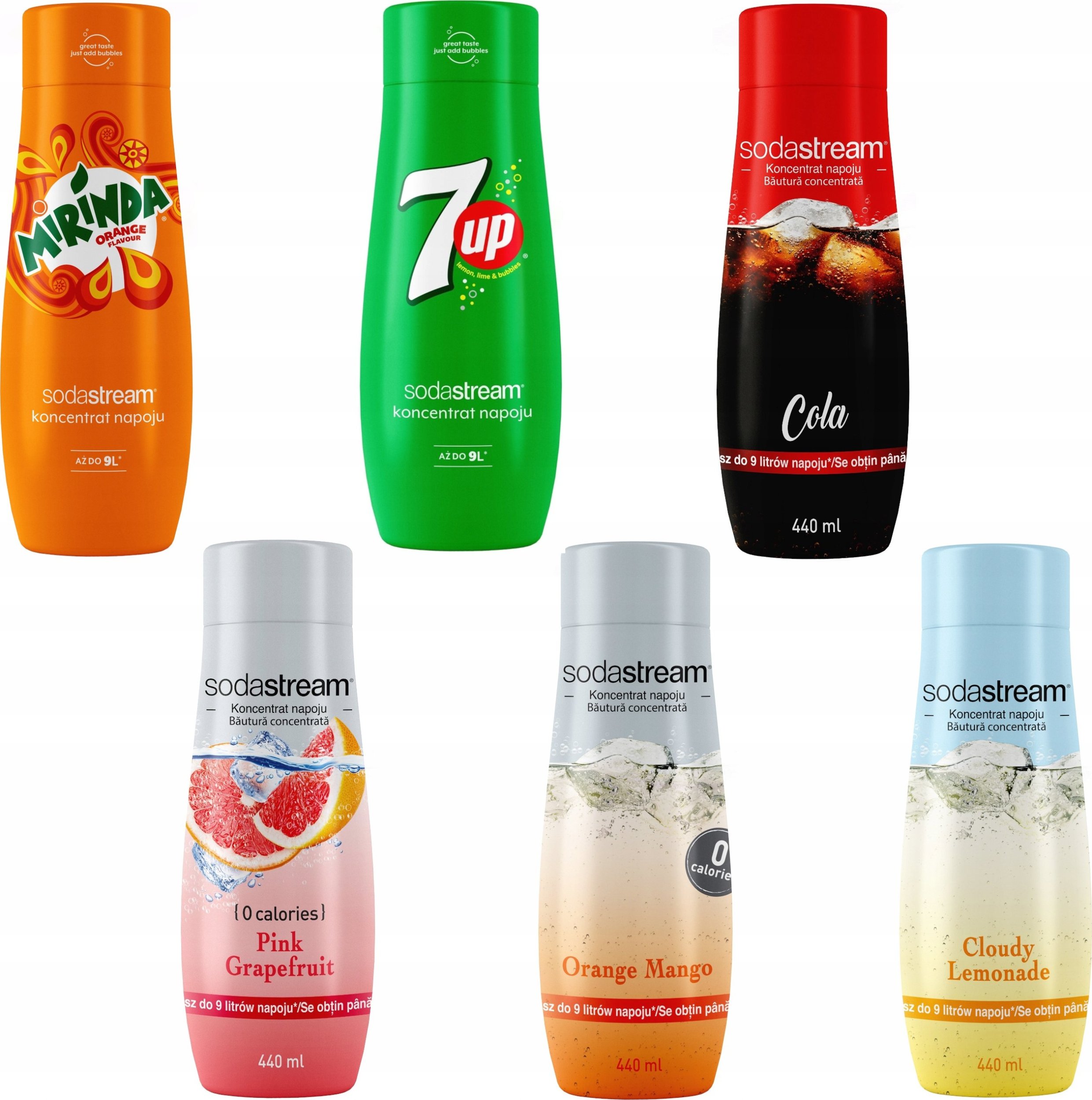 Zestaw 6 koncentratów SodaStream Mirinda+7UP+Cola+Grapefruit+Orange-Mango+Lemonade