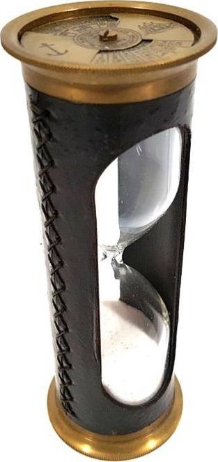 Upominkarnia Klepsydra mosiężno skórzana TMR-0015 z zegarem światowym i kalendarzem 100-letnim na topie