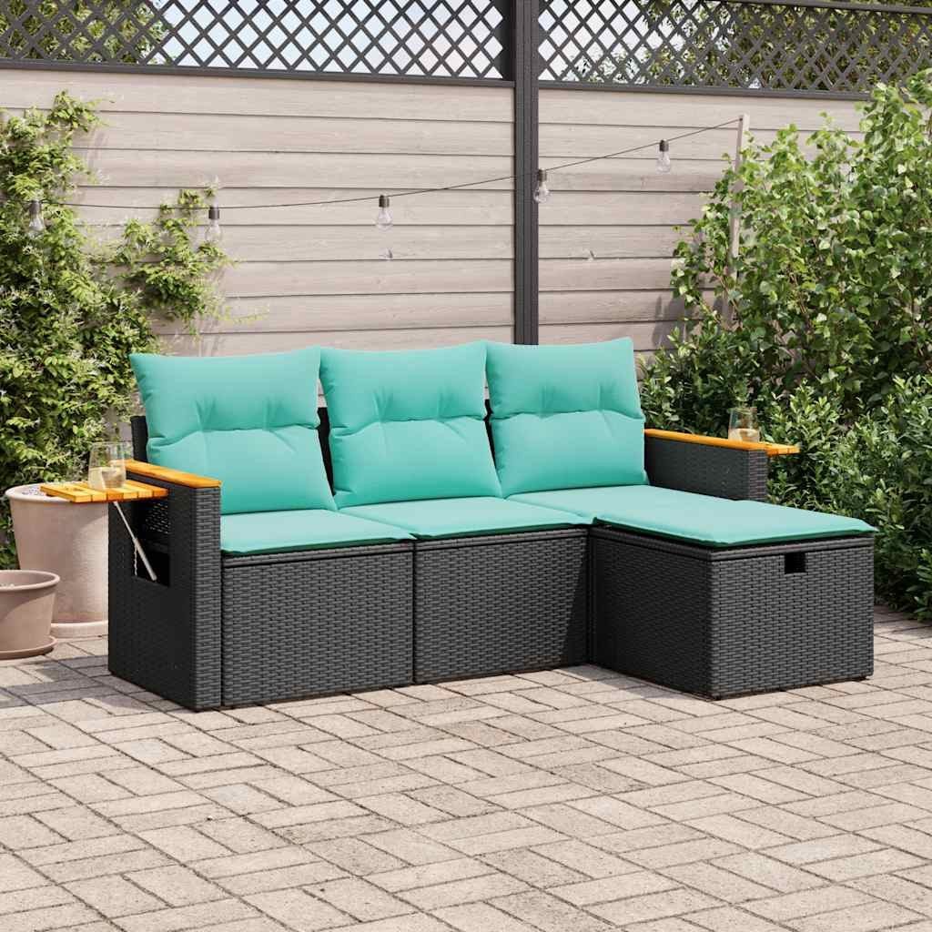 Garden Sofa Set Black, Blue PE Rattan, Powder-Coated Steel, Polyester