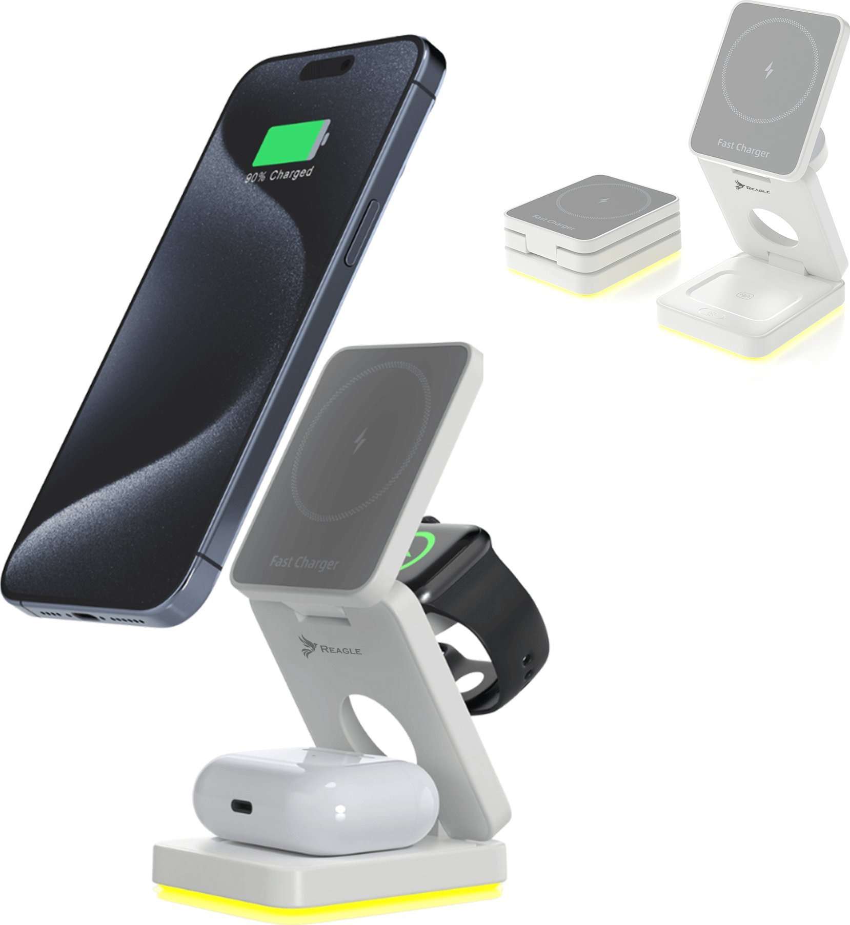 SKŁADANA ŁADOWARKA INDUKCYJNA 3W1 Z LAMPKĄ NOCNĄ MAGSAFE QI 15W IPHONE 16 15 14 13 12 AIRPODS SMARTWATCH REAGLE