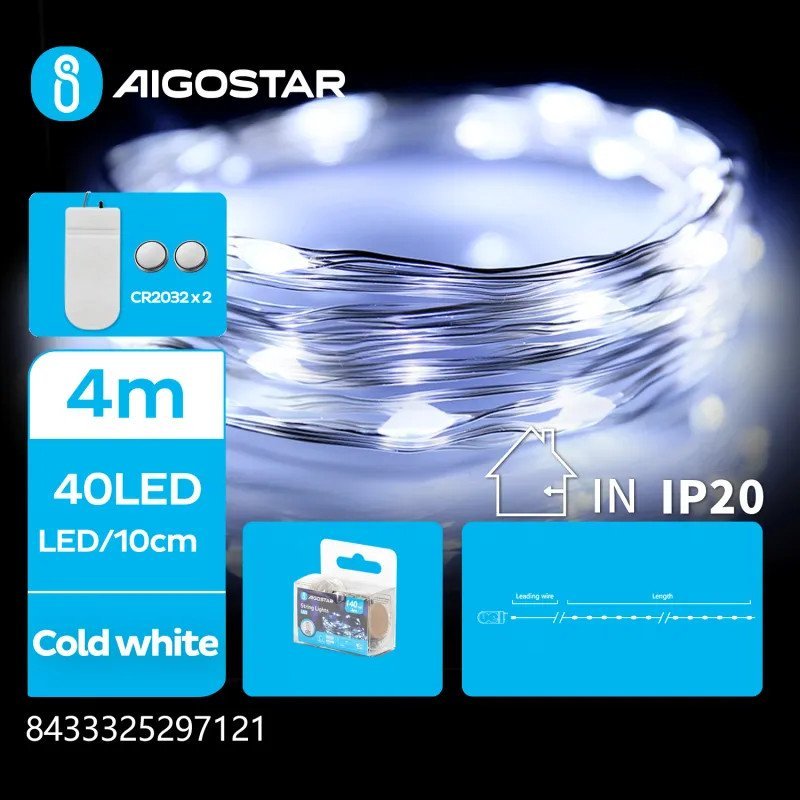 Lampki choinkowe Aigostar Lampki choinkowe z drutu miedzianego na baterie guzikowe, Zimna biel, Taśma świetlna z drutu miedzianego na baterie guziko