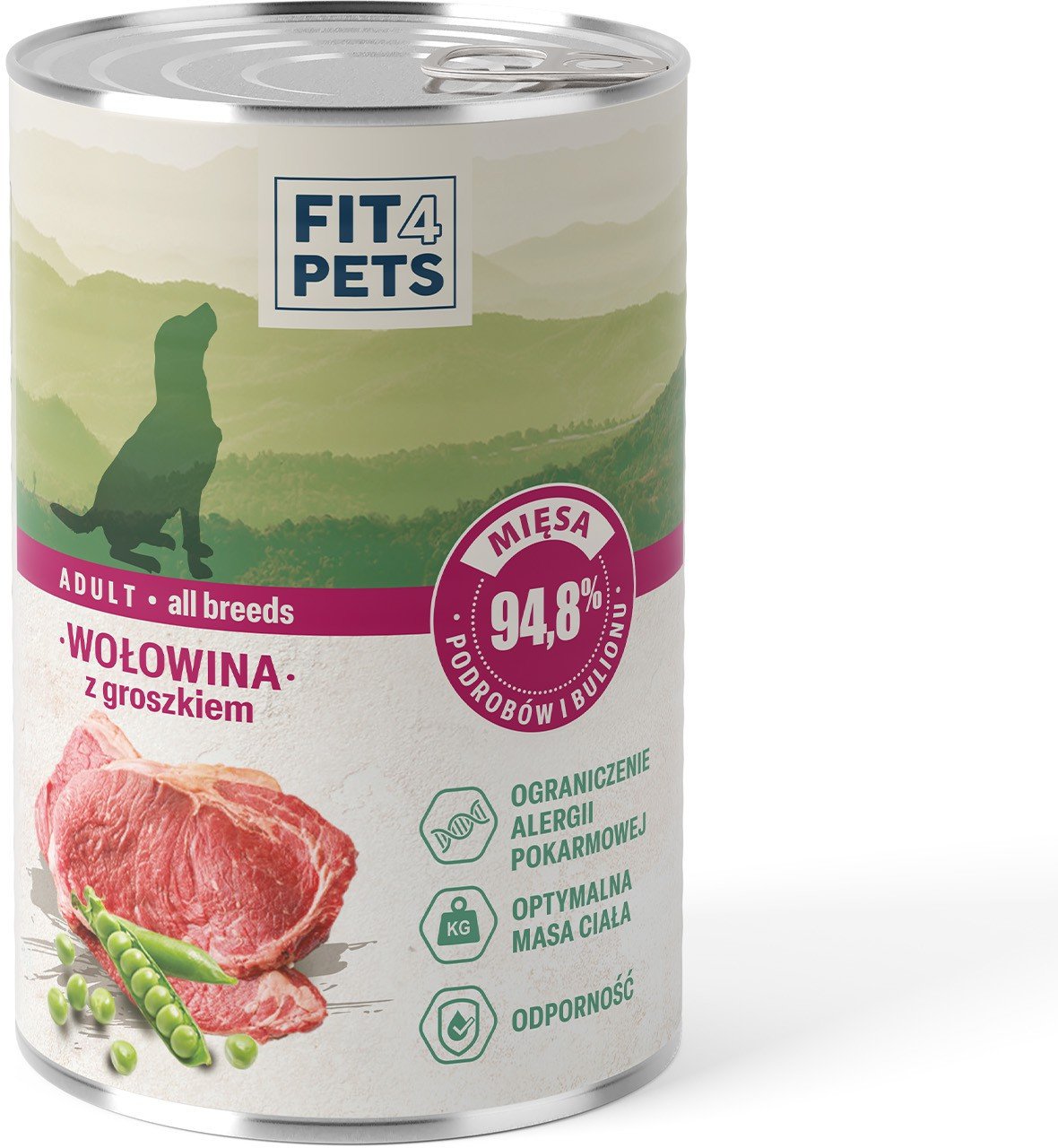 Karma dla psa pełnoporcjowa Fit4Pets wołowina z groszkiem 400g 12 szt.