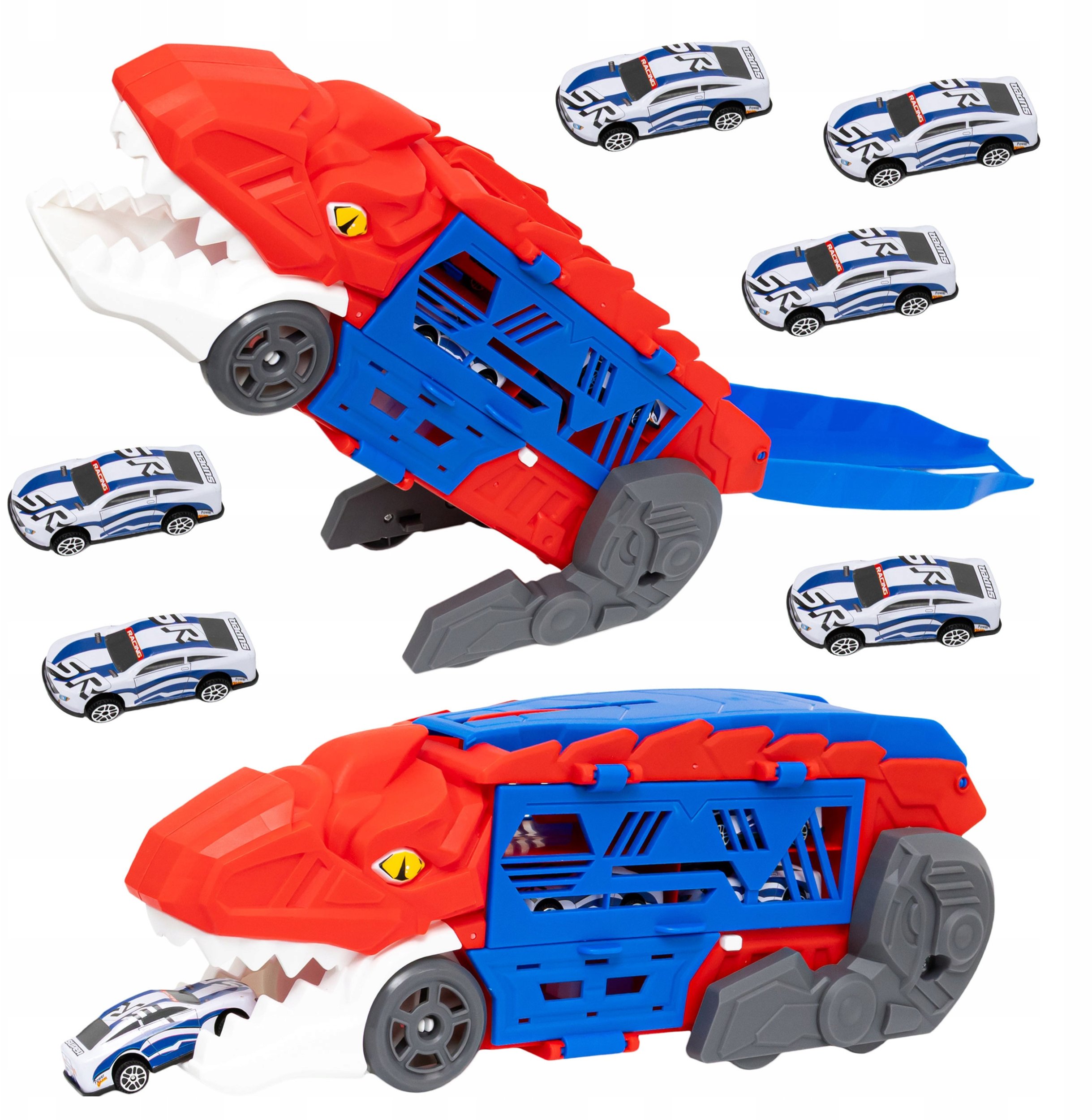 Dinozaur Wyrzutnia Autek Zjeżdżalnia Ciężarówka Dla Dzieci Tor + Resoraki