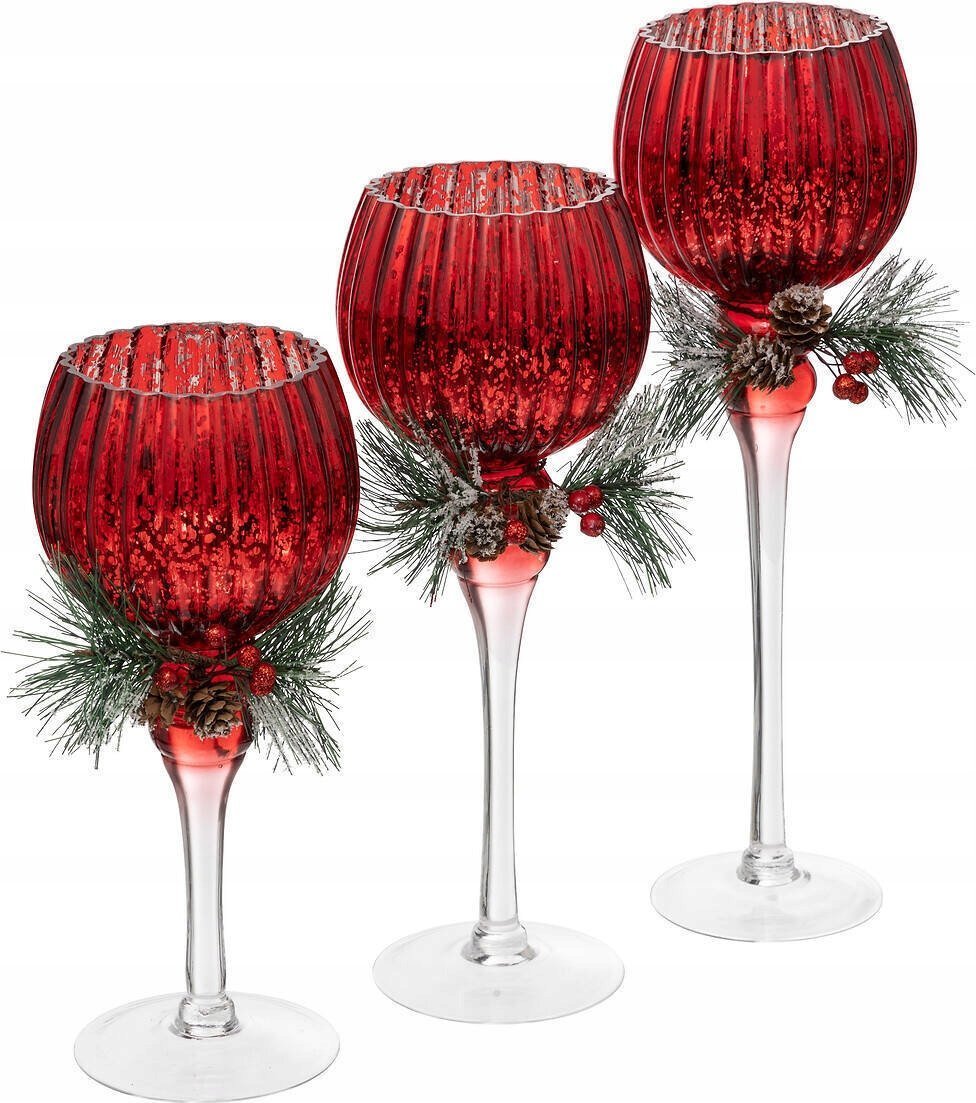 Atmosphera Szklany świecznik ze świąteczną gałązką, 3 sztuki