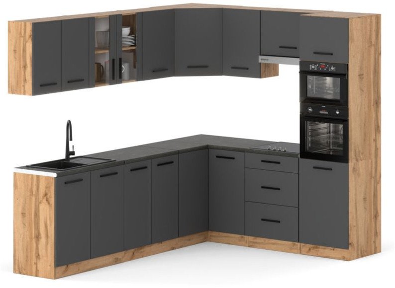 Kuchnia Modułowa Narożna Marra Z Blatem Pojemna 4.6m Wotan Szara Dąb Wotan