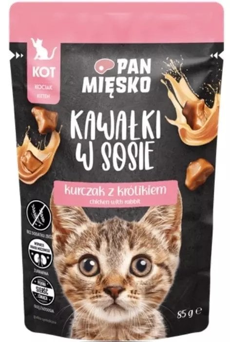 Pan Mięsko Karma mokra dla kota Kawałki w sosie Kurczak z królikiem (kociak) 85g