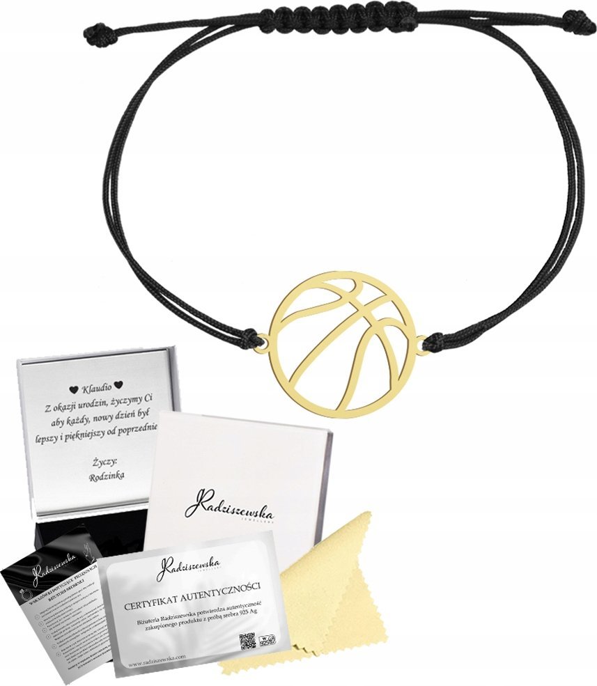 Radziszewska Jewellery Bransoletka Złota Piłka do Koszykówki Sznurek SREBRO 925 ŻYCZENIA GRATIS
