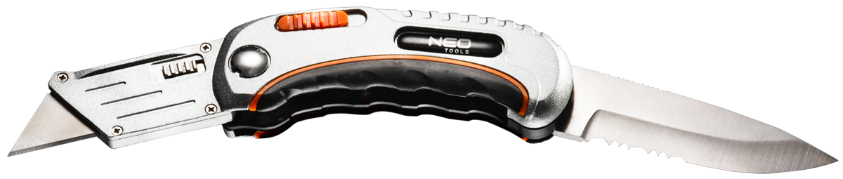 Neo Nóż uniwersalny składany ostrze trapezowe + nóż trapezowy + nylonowe etui + 5 ostrzy (63-710)