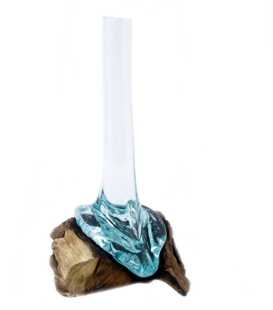 Szklany Wazon Wtopiony w Drewno - Wysoki Wąski