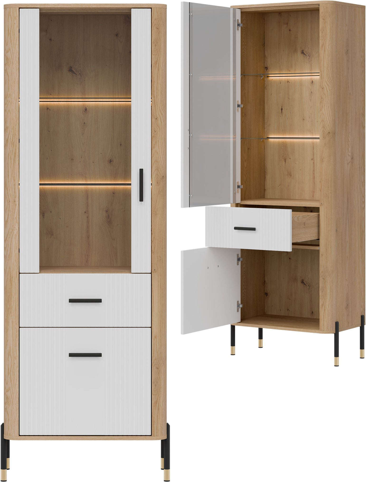 Witryna L/P z szufladą Szafka przeszklona Dąb Biały Czarny DANTE DT13