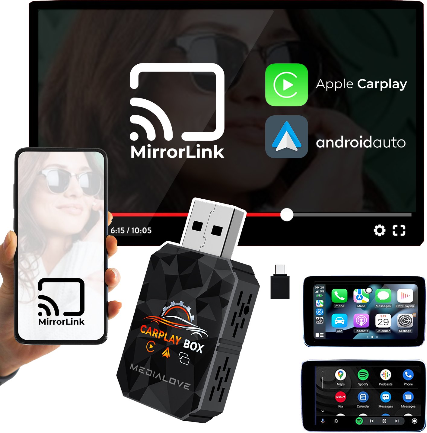 Mini adapter wifi Carplay Android Auto 2w1 Pendrive + Mirror Link Android 3w1