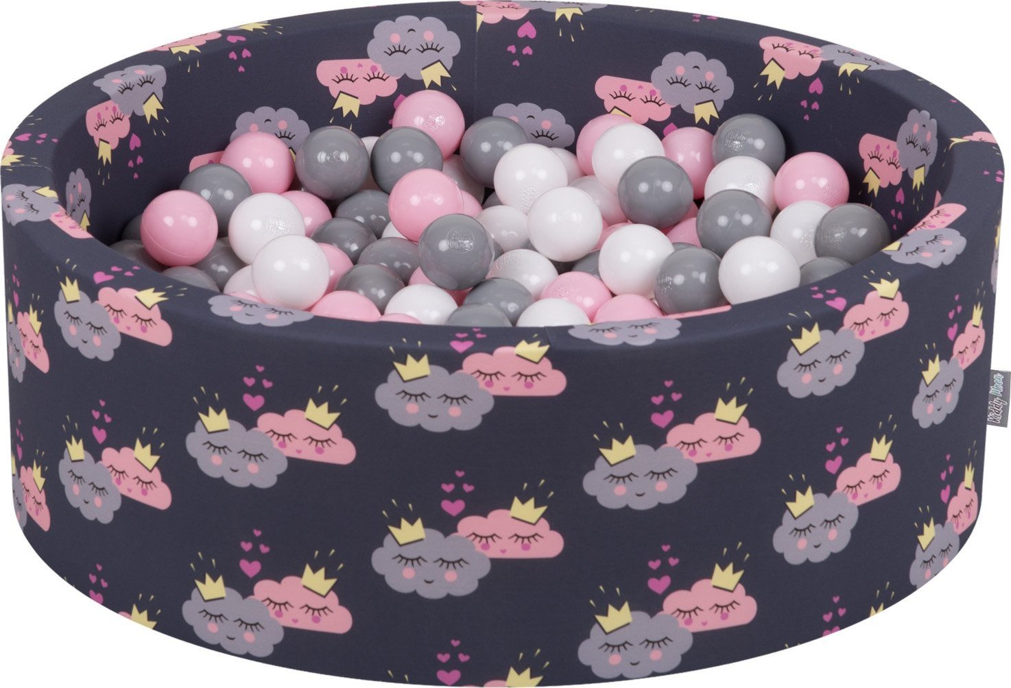 KiddyMoon KiddyMoon Suchy basen okrągły z piłeczkami 7cm chmurki-granat: biały-szary-pudrowy róż 90x30cm/200piłek Zabawka basen piankowy