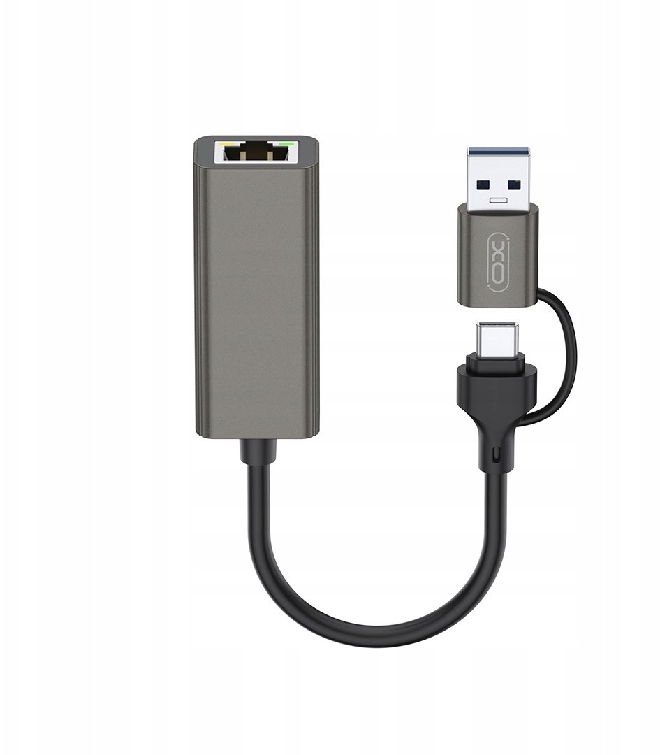XO adapter HUB HUB018 2w1 USB-USB-C - RJ45 szary