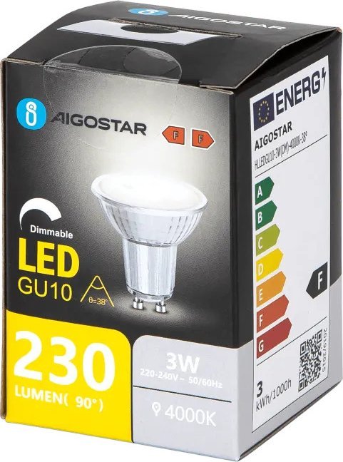 Aigostar Żarówka LED GU10 3W 4000K z możliwością ściemniania i szklanym kloszem LED GU10 3W 4000K z możliwością ściemniania i szklanym kloszem