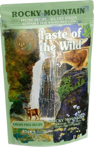 TASTE OF THE WILD Rocky Mountain 85 g. Kawałki kurczaka, wątróbki kurczaka i łososia w sosie. Karma dla kotów w każdym wieku i kotów sterylizowanych.
