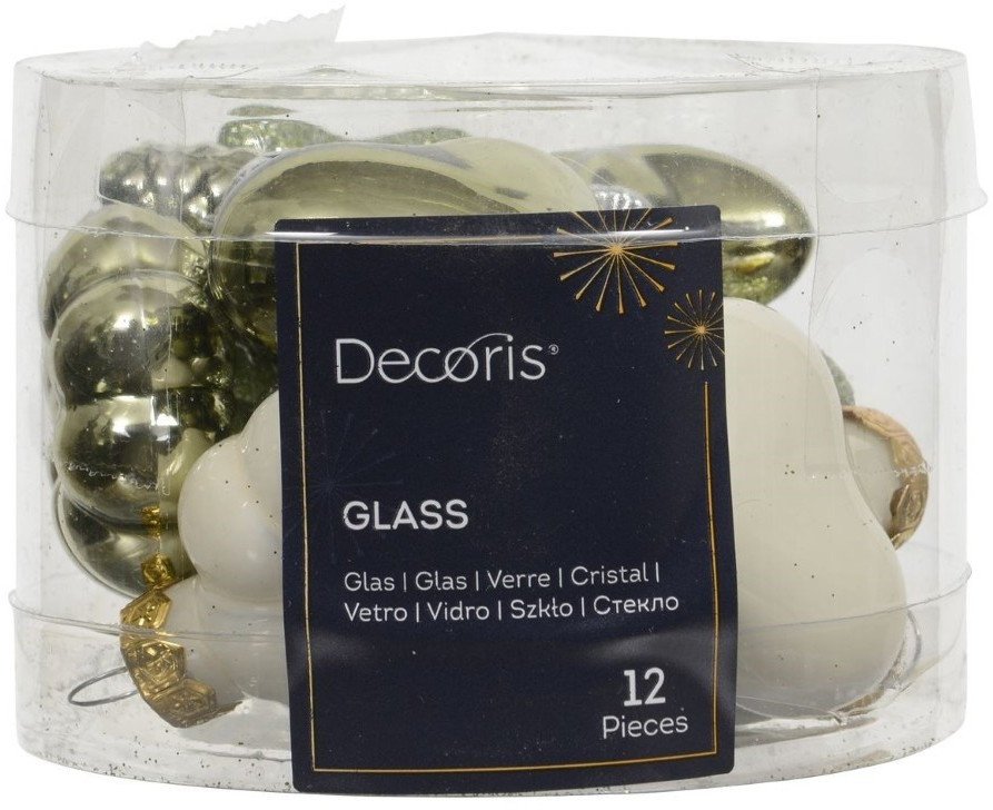 Szklane bombki 12 szt. gwiazdka szyszka serce kwiat 4 cm odcienie zieleni