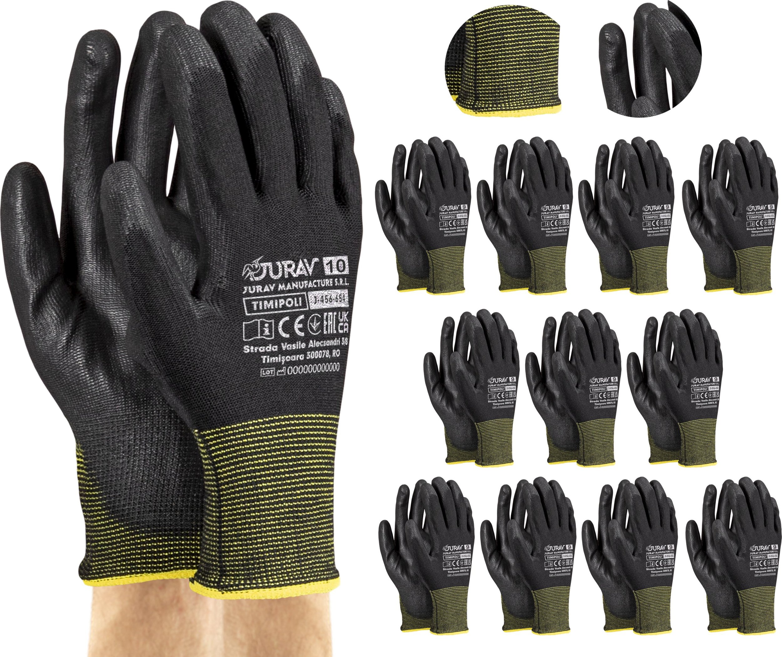 Rękawice Robocze Czarne J-TIMIPOLI_BB - 12 Par (10 - XL)