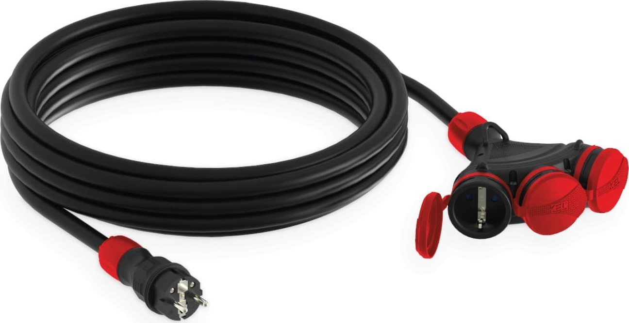 KEL Przedłużacz budowlany 3-gniazda z/u 10m /H05RR-F 3x2,5/ IP54 czarny/czerwony W-01174