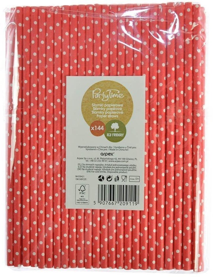 Słomki papierowe czerwone w białe kropki 144szt