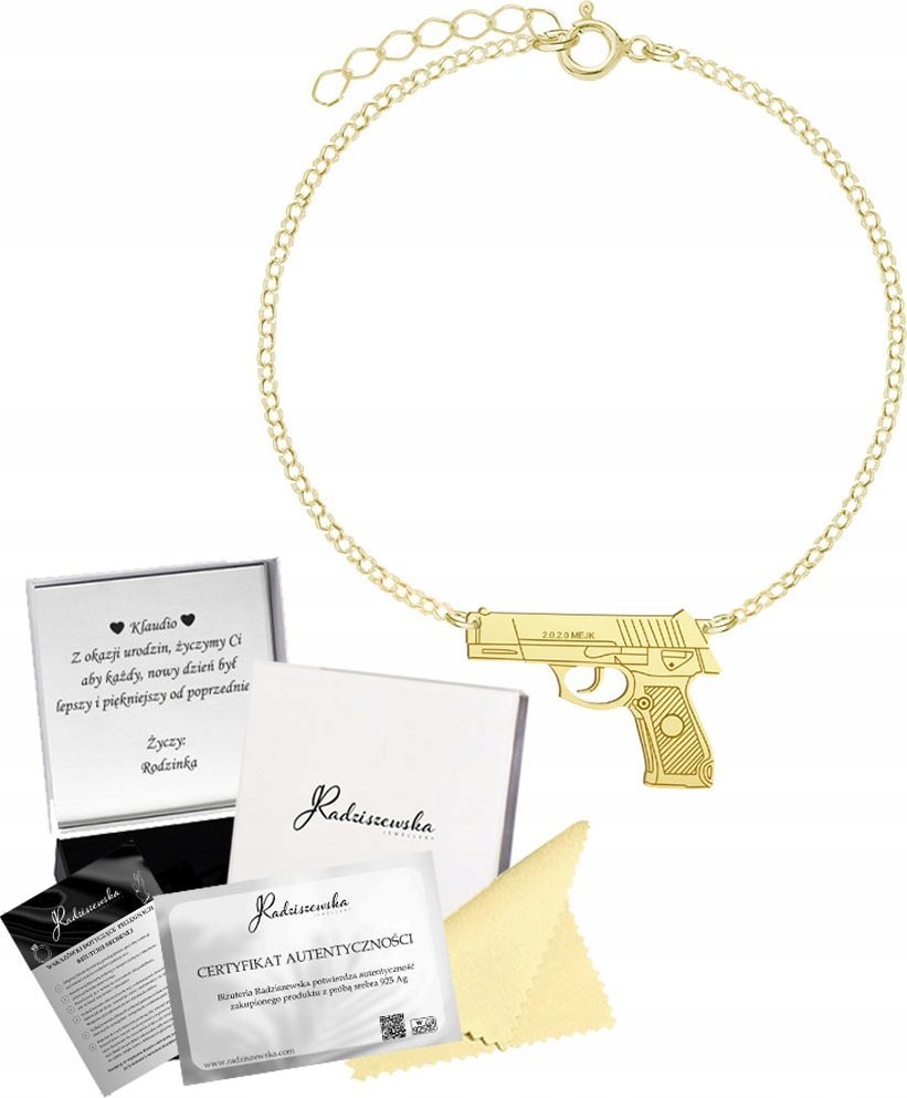 Radziszewska Jewellery Bransoletka Złota PISTOLET Łańcuszek SREBRO 925 Prezent GRAWER GRATIS