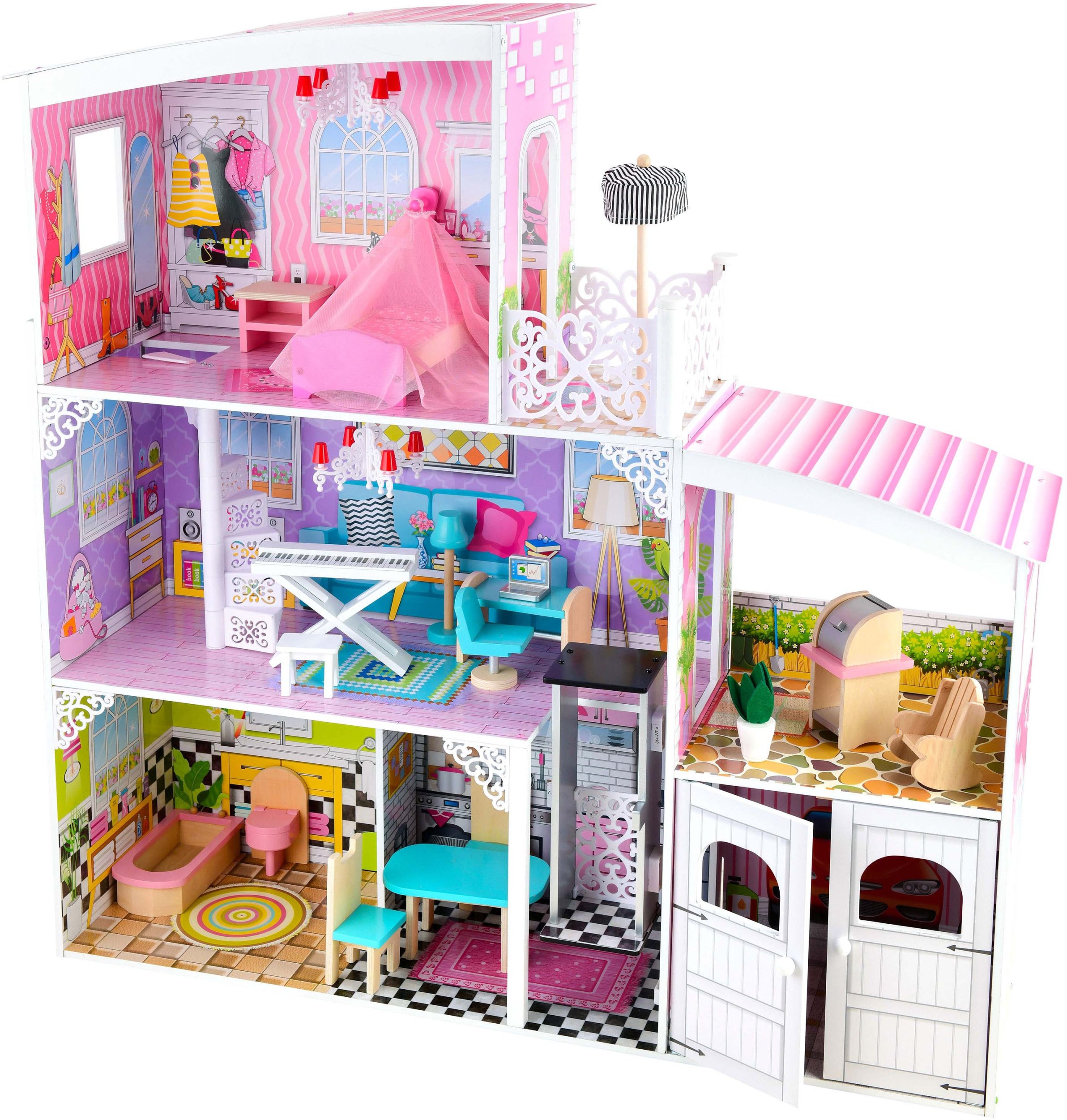 Drewniany domek dla lalek Ksenia z garażem i akcesoriami