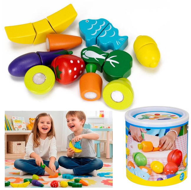 Owoce i warzywa drewniane dla dzieci, nożyk do krojenia, zabawki zestaw 13 el. kolorowe UNIWERSALNY