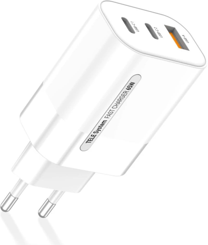Ładowarka sieciowa USB-C + USB-A TELE System TS809 65W GAN QC PD, 3 porty ultraszybkiego ładowania