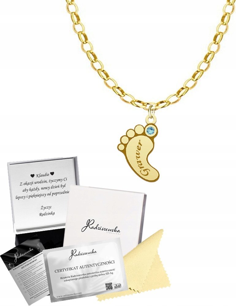 Radziszewska Jewellery Personalizowany Naszyjnik Złoty STÓPKA z GRAWEREM Prezent SREBRO 925