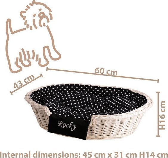 WickerPL Poppy OWALNE WYBIELANE WIKLINOWE LEGOWISKO DLA ZWIERZĄT Z IMIENIEM KOSZ DLA PSA 60x43 H16 / ROZMIAR WEWNĘTRZNY 45X31 H14 CM