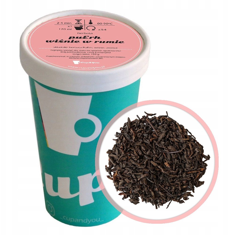 Herbata czerwona pu-erh WIŚNIE W RUMIE premium liściasta wiśnie PuErh 150g - herbata liściasta sypana mieszanka napar susz