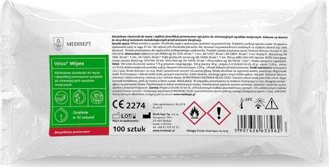 Medisept Velox Wipes wkład 100szt Alkoholowe chusteczki do dezynfekcji różnorodnych powierzchni sprzętu medycznego z tworzyw sztucznych