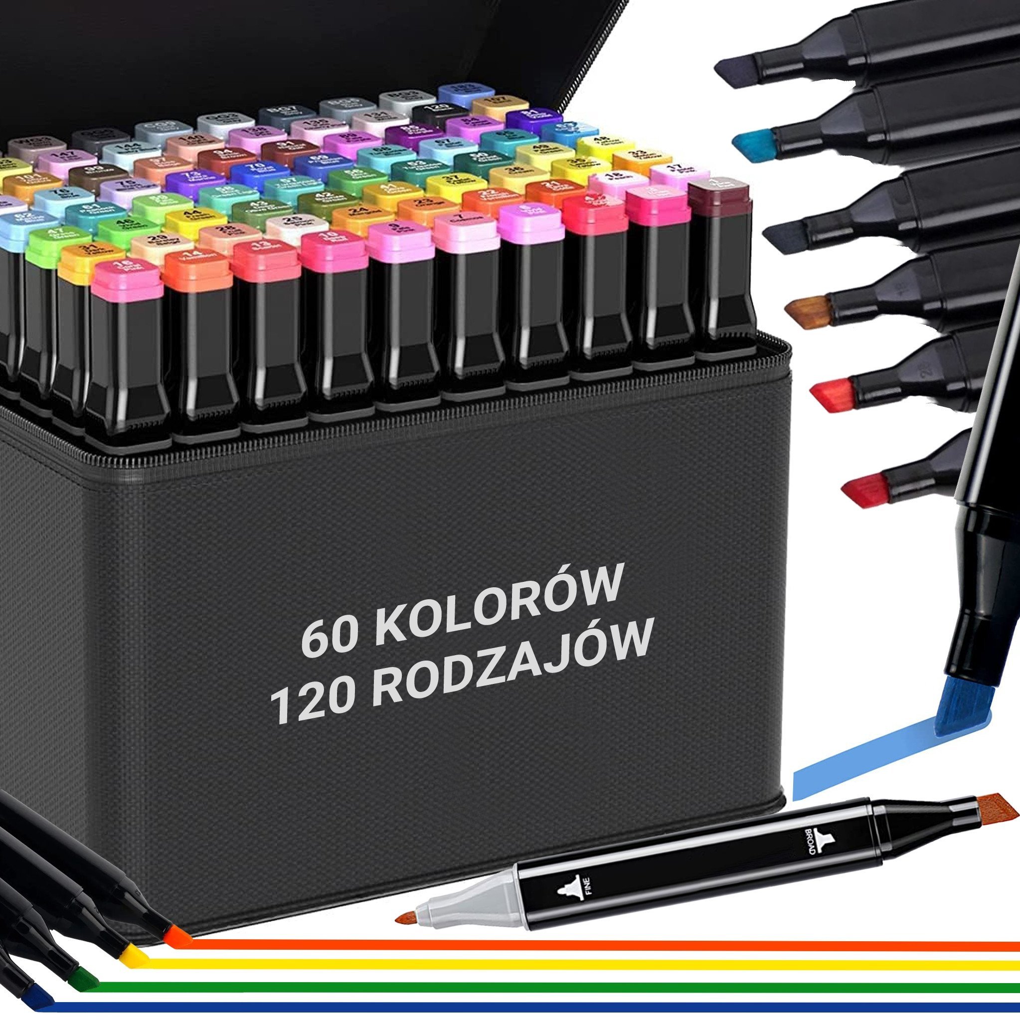 Kolorowe markery , flamastry dwustronne zestaw 60szt czarne