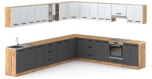 Kuchnia Narożna Duża Modułowa Nowoczesna Z Blatem 6.8m Wotan Biały Szary