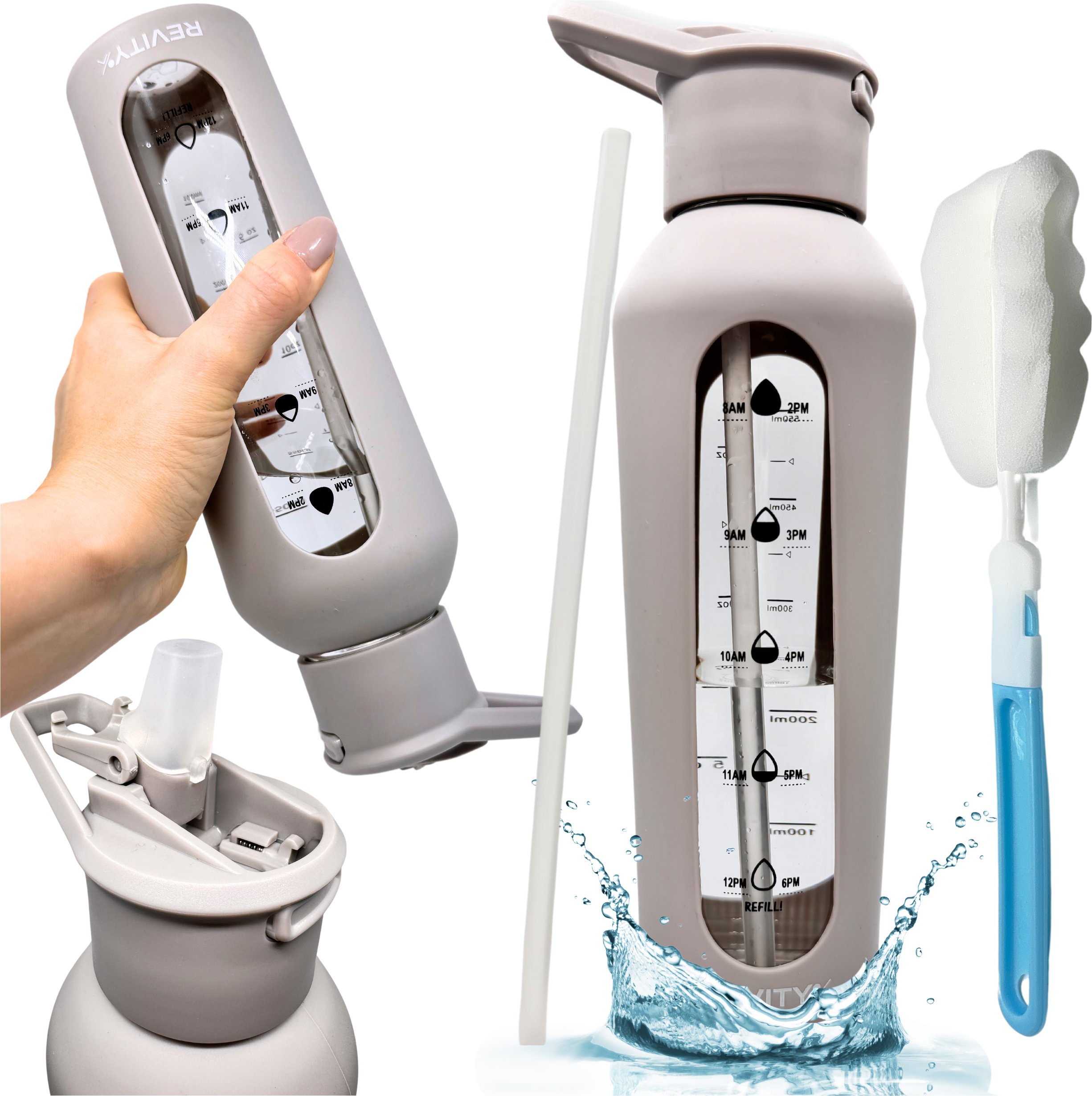 Szklana butelka na wodę Revity bidon z dziubkiem i miarką w silikonowym etui