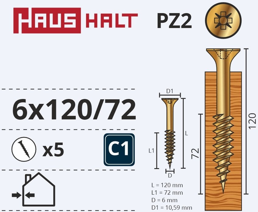 CHIPBOARD SCREW 6.0X120/72 YLWZP 5PCS G2