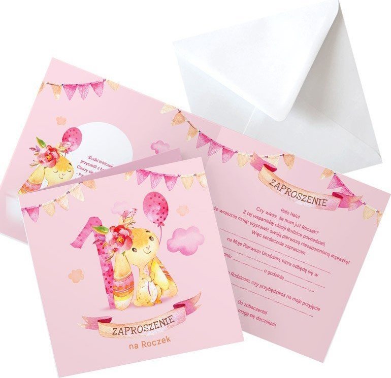 ZAPROSZENIA na Roczek dziewczynki Króliczek z balonem 10szt (+koperty)
