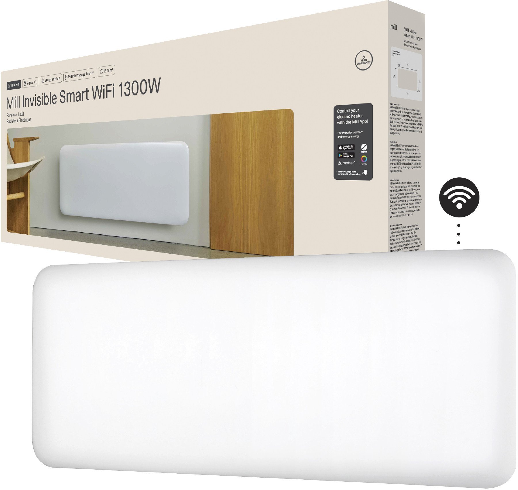 Mill Invisible Smart WiFi Heater PA1300WIFI4 Panel Heater 1300 W Suitable for rooms up to 15-19 m White IPX4