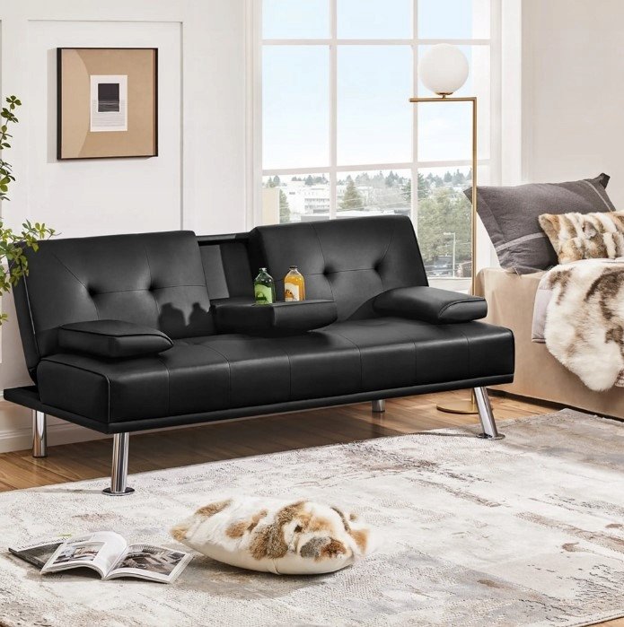 Sofa rozkładana z funkcją spania KANAPA z uchwytem na kubek EKOSKÓRA Black