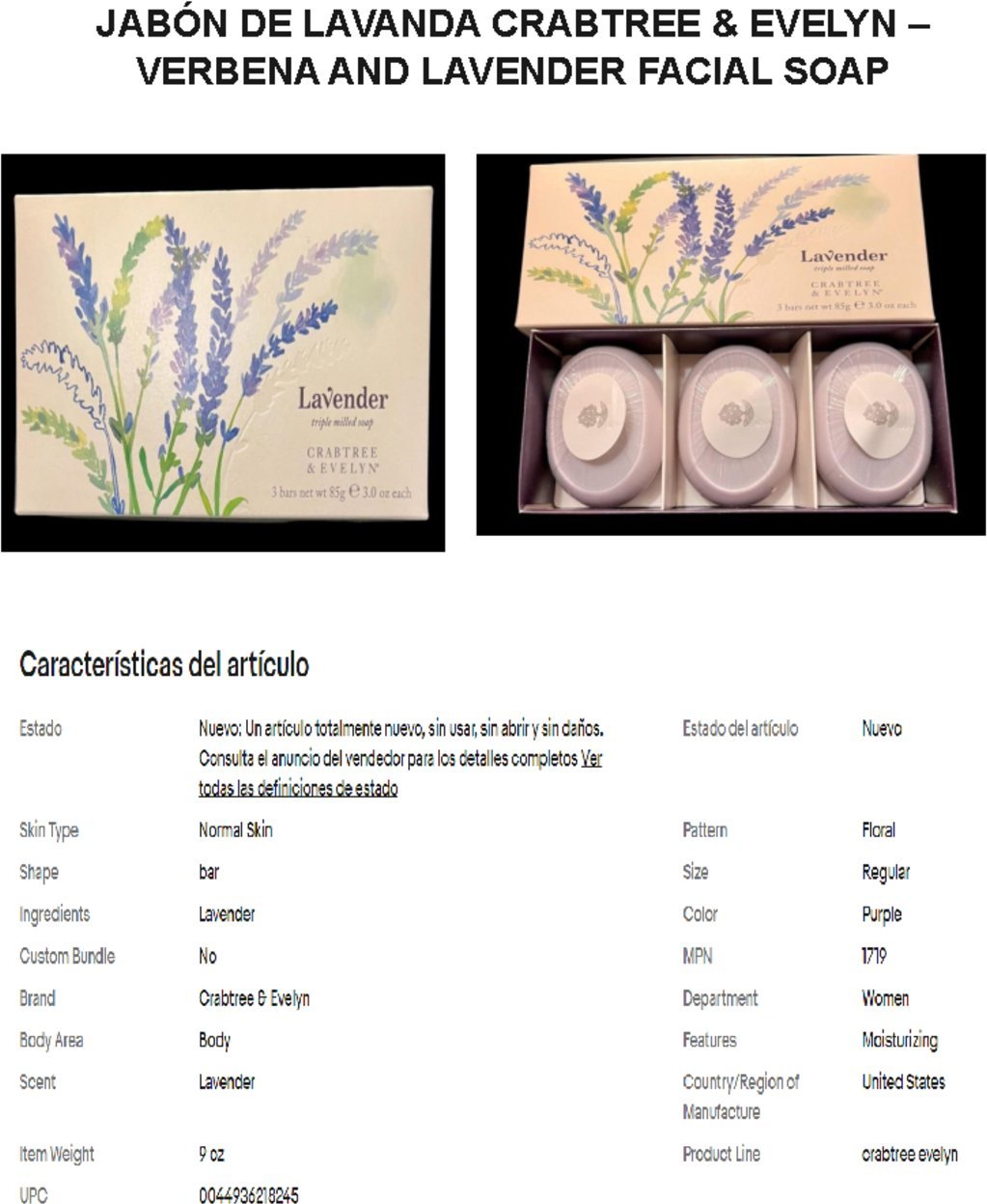 Floris Set Trio, Crabtree & Evelyn, Lavander, Hydrating, Soap Bar, 3 pcs, 85 g For Women