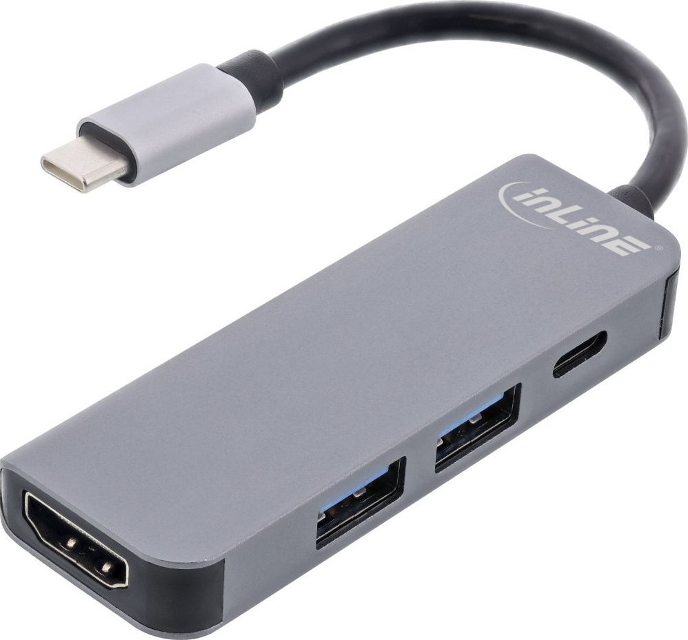 HUB USB InLine INLINE Multifunktions-HUB USB 3.2 Gen.1 2x USB-A 5Gbps HDMI 4K 30Hz USB Type-C PD 87W aluminium grau