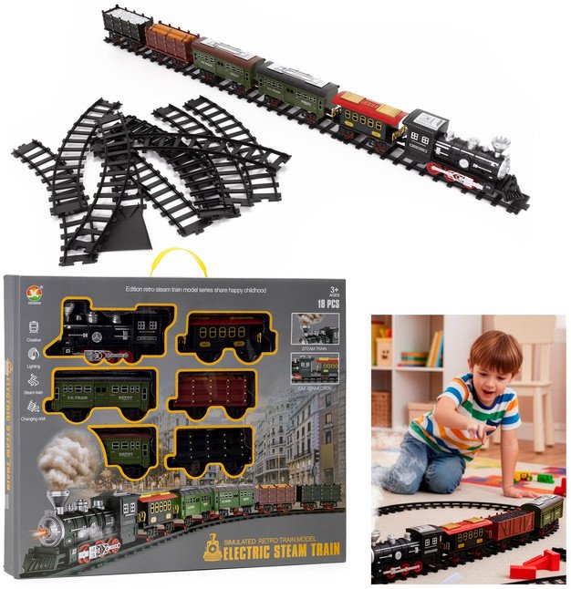 Pociąg z wagonami dla dzieci z mgiełką i dźwiękami, lokomotywa parowa z torami na baterie UNIWERSALNY