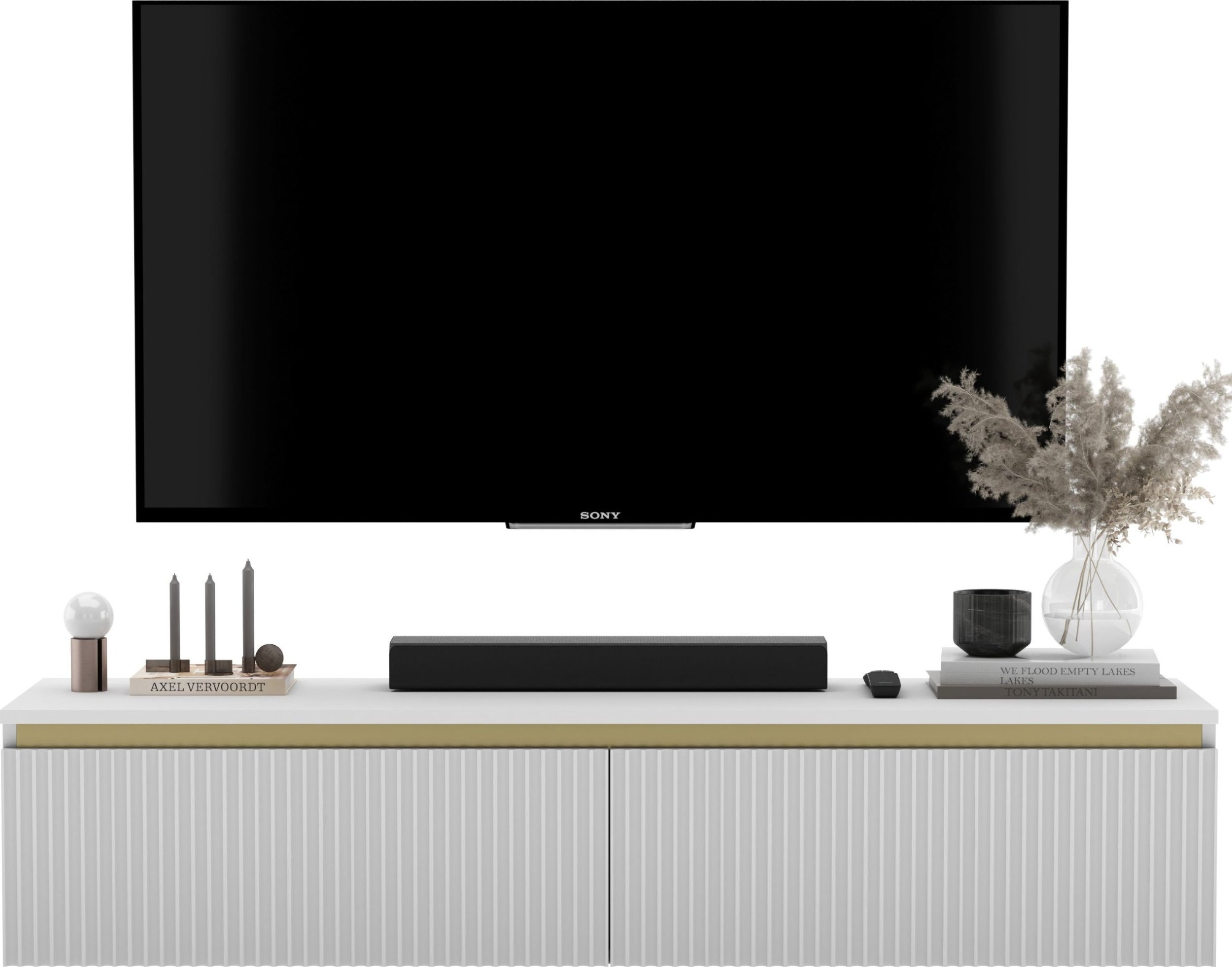 Wisząca Szafka RTV Nowoczesna Komoda Glamour Ryflowane fronty Biały Mat 140 cm