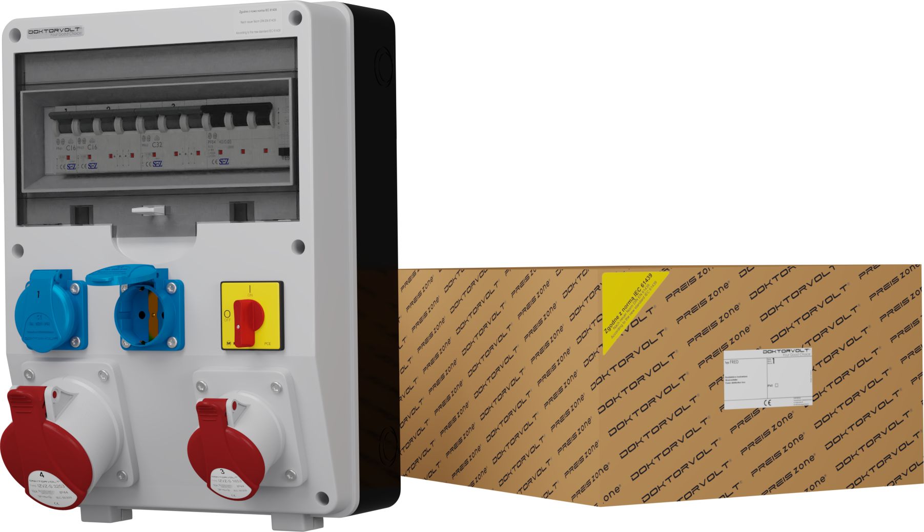 Doktorvolt Rozdzielnica budowlana z rozłącznikiem DV-S/FI 32A 16A 2x230V Schuko Doktorvolt 1981