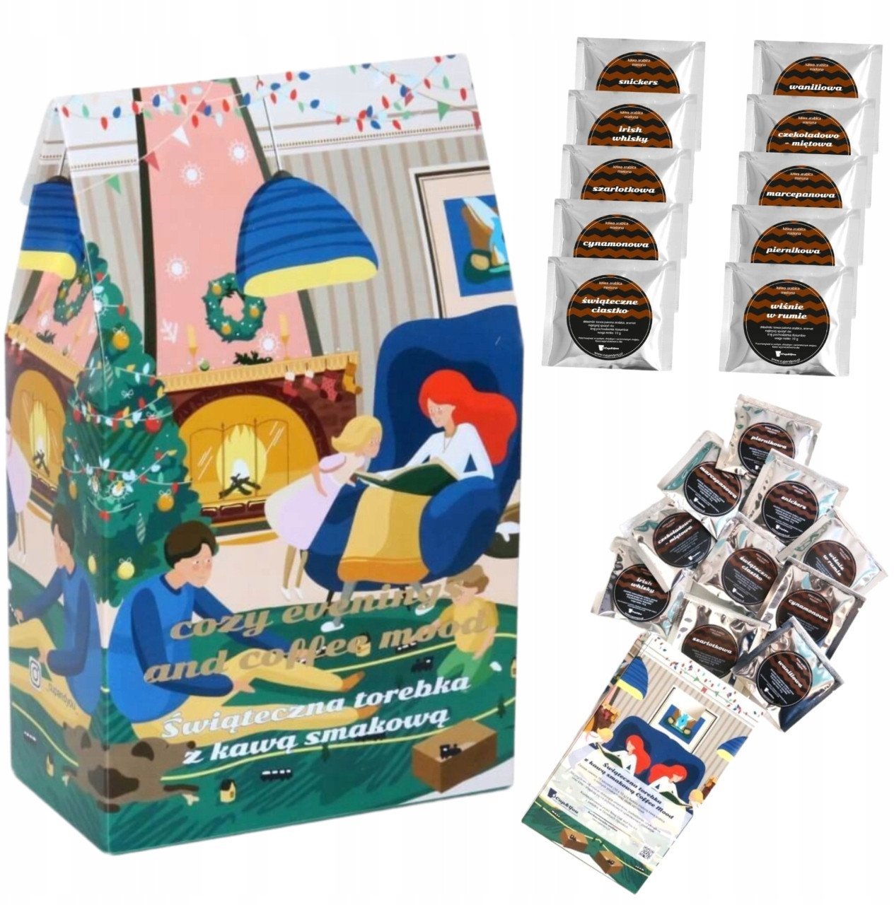 ZESTAW PREZENTOWY BOX KAWY SMAKOWE MIELONE W SASZETKACH MIX PREZENT UPOMINEK POD CHOINKĘ NA ŚWIĘTA GWIAZDKĘ MIKOŁAJA BOŻE NARODZENIE DLA KOBIETY FACET