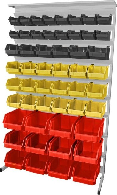 Leomar Regał do pojemników warsztatowych, jednostronny. Wym. 1560x940x400 mm z półką 52 pojemniki, czarne, żółte, czerwone