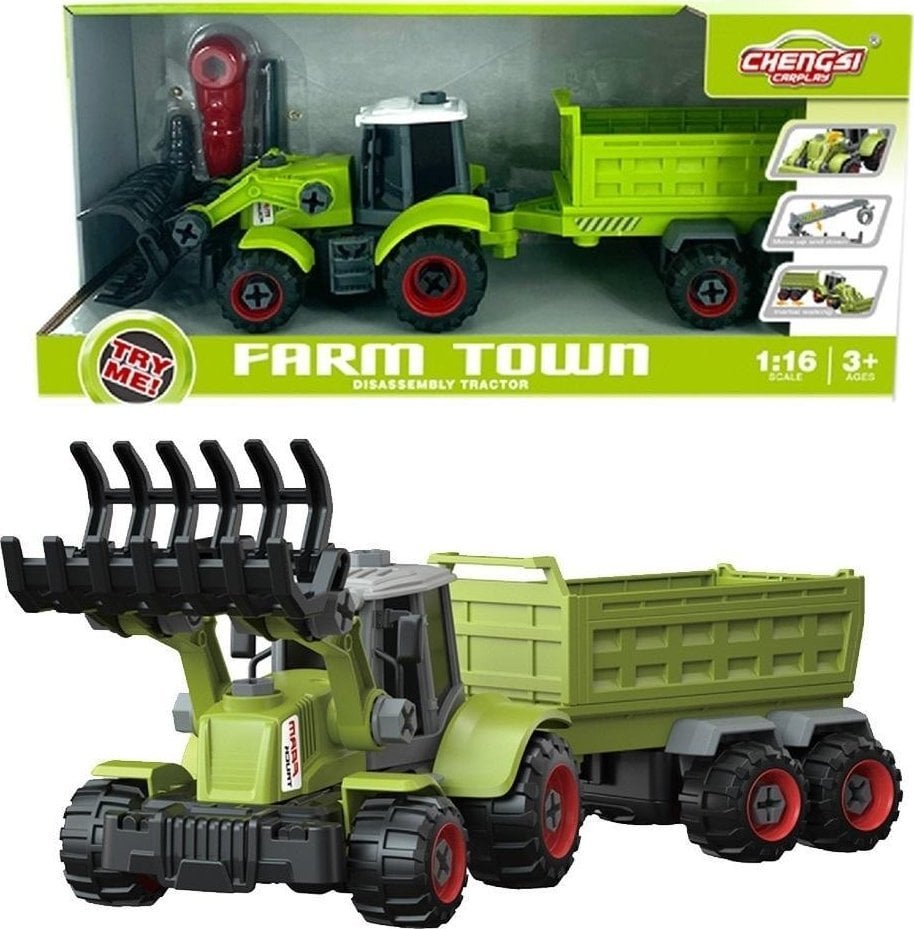 Traktor z łyżką i przyczepą do skręcania