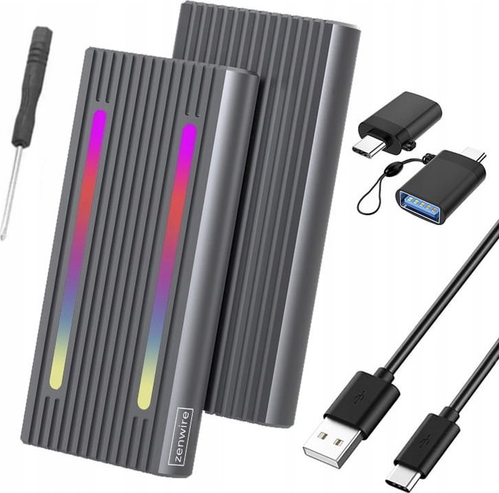 Kieszeń Zenwire Obudowa na dysk SSD m2 4w1 NVME Pcie SATA NGFF M.2 USB-C USB 3.0 10 GB/s Adapter Kieszeń LED RGB Zenwire 2808SN