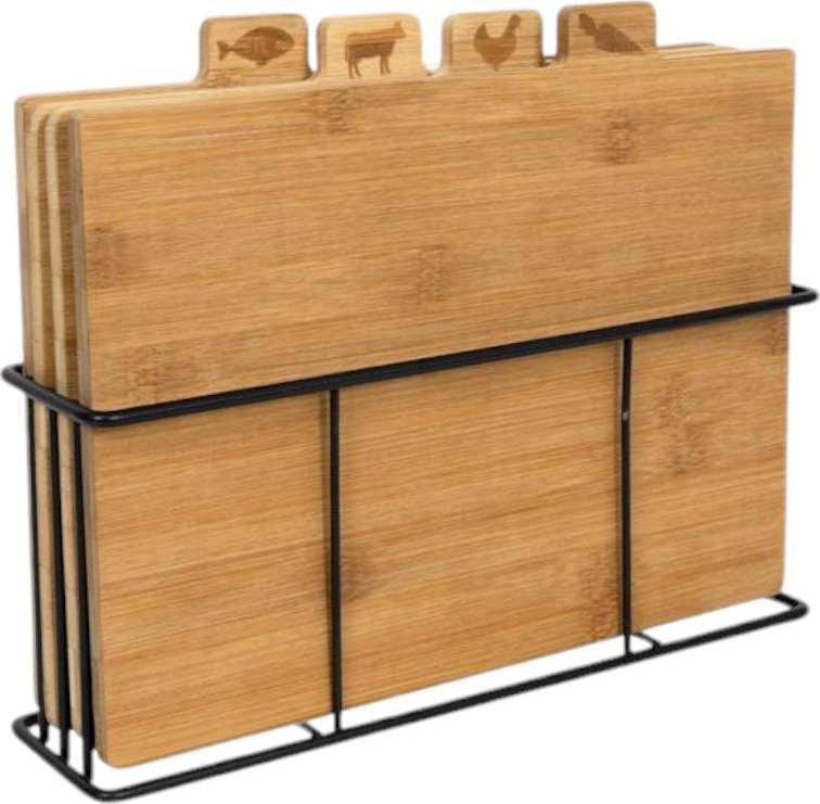 Deska do krojenia MPLCo Zestaw 4 bambusowych desek do krojenia na metalowym czarnym stojaku